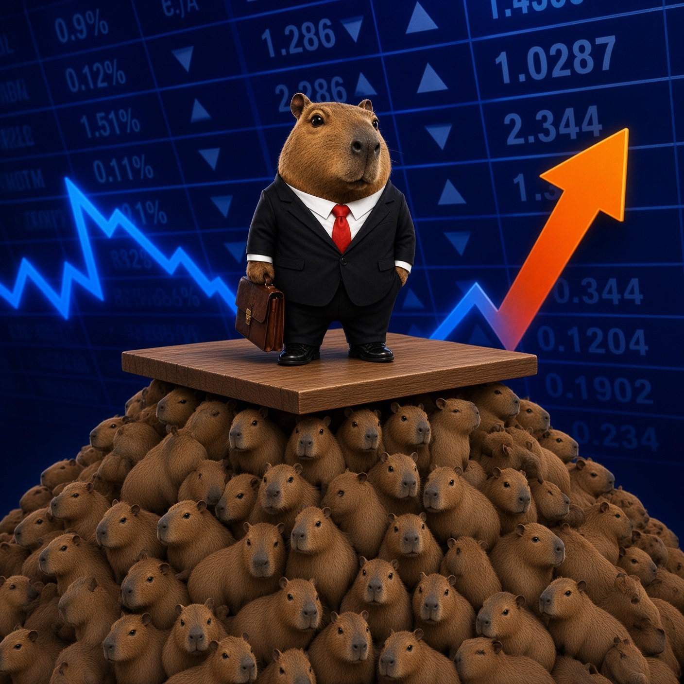 Market Cap — a capybara in a suit standing atop a mountain of capybaras before a glowing stock board with a rising orange arrow